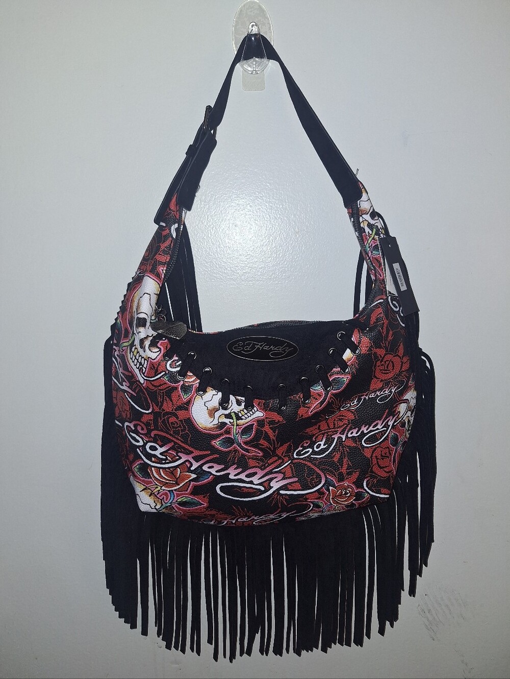 Ed Hardy Black Red Floral Skull Fringe Shoulder Bag